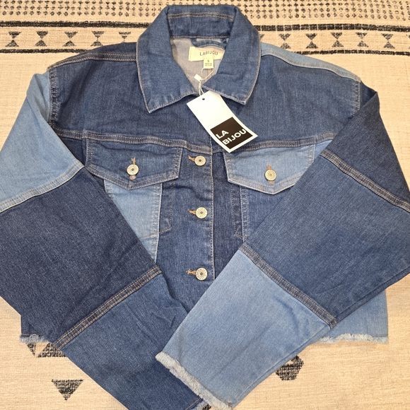 LABIJOU Mulri-tone Patch Crop Raw Hem Denim Jacket Small Boutique NWT - Picture 2 of 13